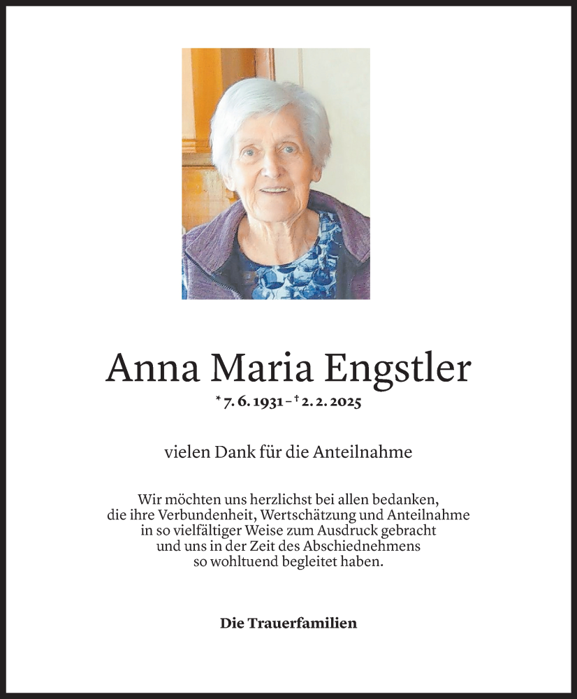  Todesanzeige für Anna Maria Engstler vom 01.08.2025 aus Vorarlberger Nachrichten