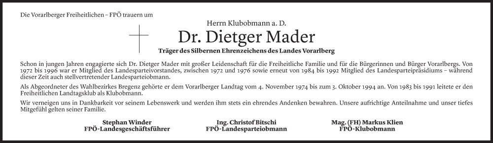  Todesanzeige für Dietger Mader vom 15.07.2025 aus Vorarlberger Nachrichten