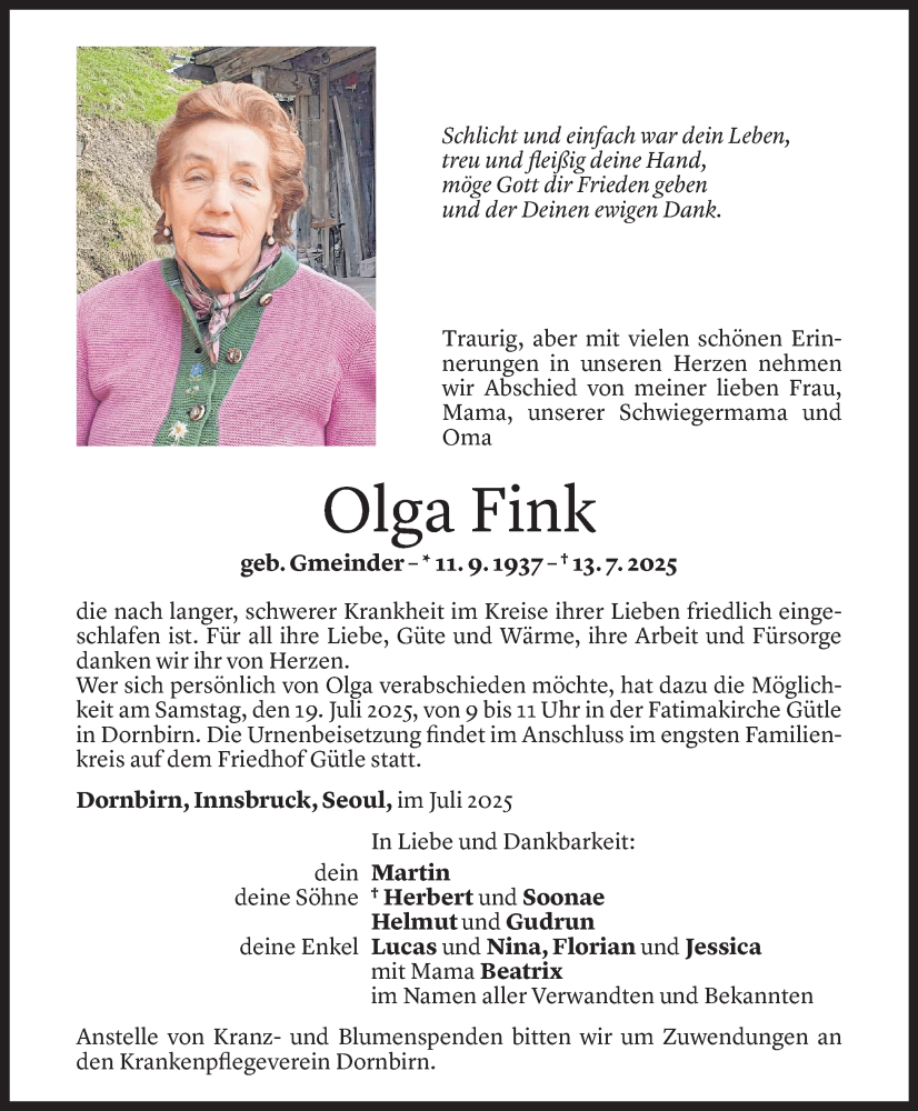  Todesanzeige für Olga Fink vom 15.07.2025 aus Vorarlberger Nachrichten
