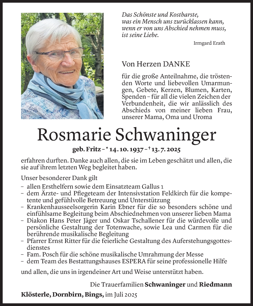  Todesanzeige für Rosmarie Schwaninger vom 01.08.2025 aus Vorarlberger Nachrichten