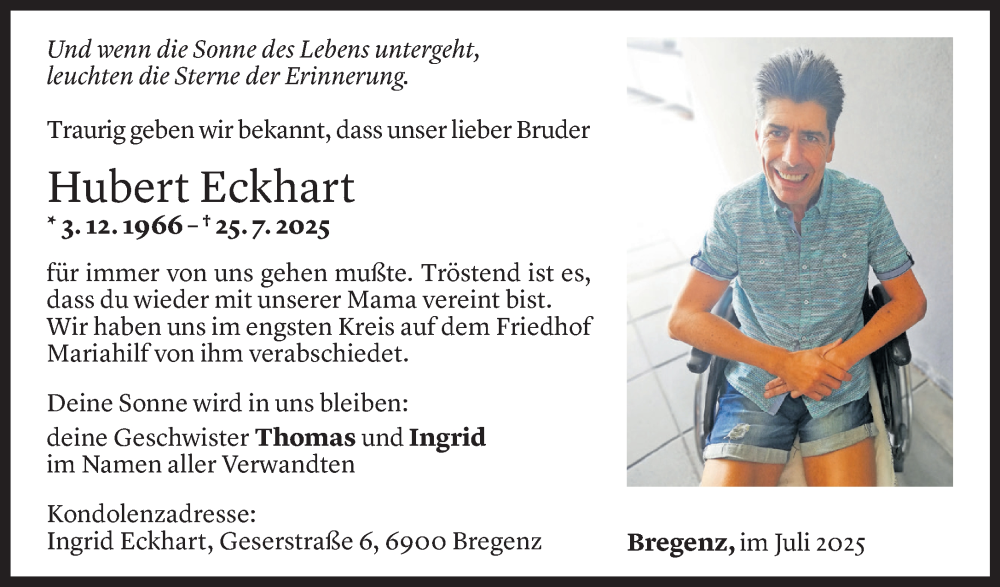  Todesanzeige für Hubert Eckhart vom 30.08.2025 aus Vorarlberger Nachrichten
