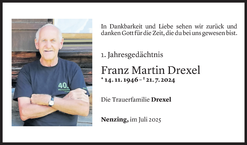  Todesanzeige für Franz Drexel vom 30.07.2025 aus Vorarlberger Nachrichten