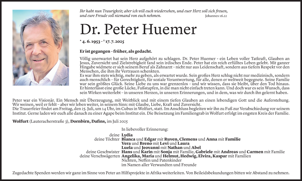  Todesanzeige für Peter Huemer vom 21.07.2025 aus Vorarlberger Nachrichten