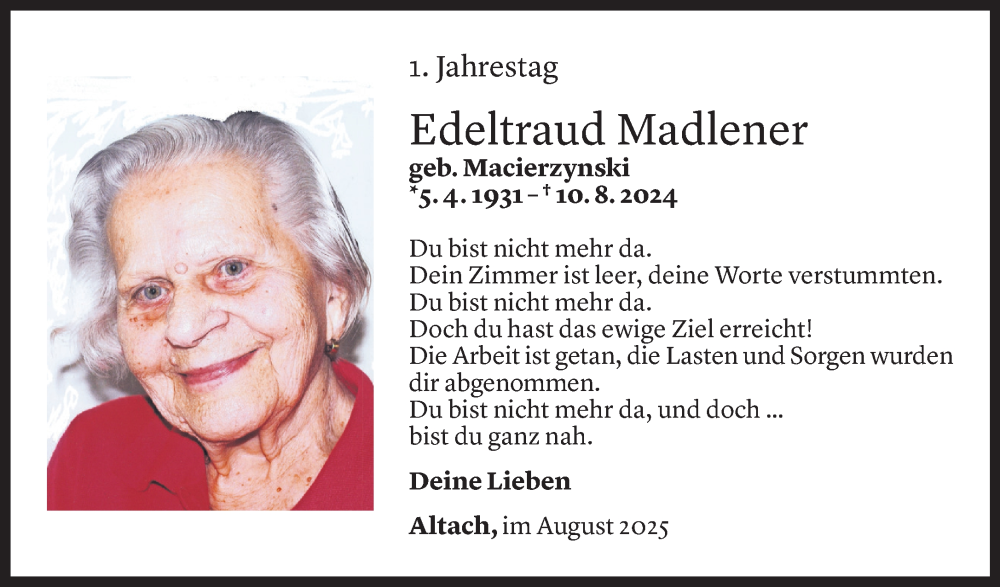  Todesanzeige für Edeltraud Madlener vom 31.07.2025 aus Vorarlberger Nachrichten