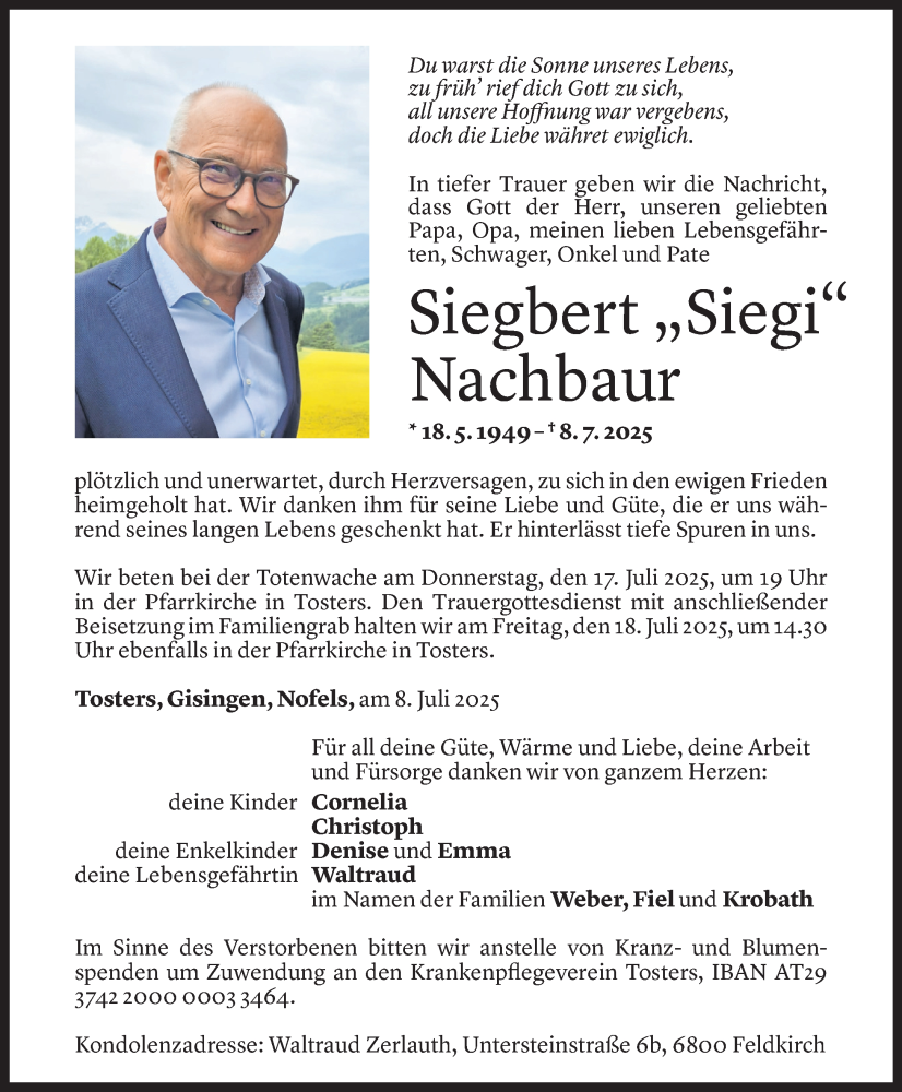  Todesanzeige für Siegbert Nachbaur vom 15.07.2025 aus Vorarlberger Nachrichten