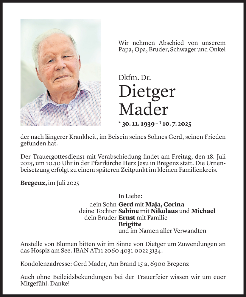  Todesanzeige für Dietger Mader vom 15.07.2025 aus Vorarlberger Nachrichten