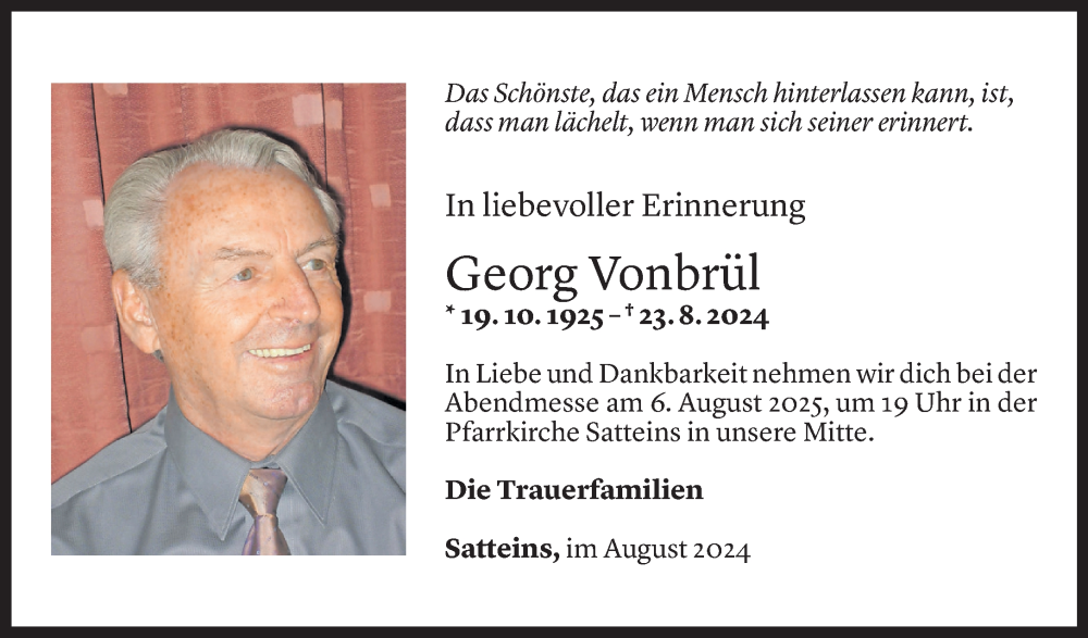  Todesanzeige für Georg Vonbrül vom 30.07.2025 aus Vorarlberger Nachrichten