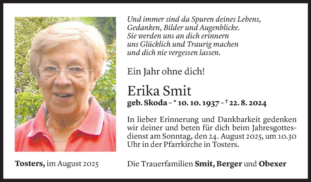  Todesanzeige für Erika Smit vom 21.08.2025 aus Vorarlberger Nachrichten