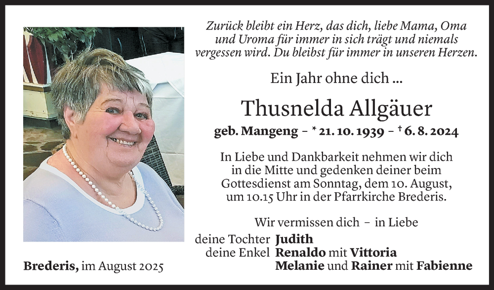  Todesanzeige für Thusnelda Allgäuer vom 05.08.2025 aus Vorarlberger nachrichten