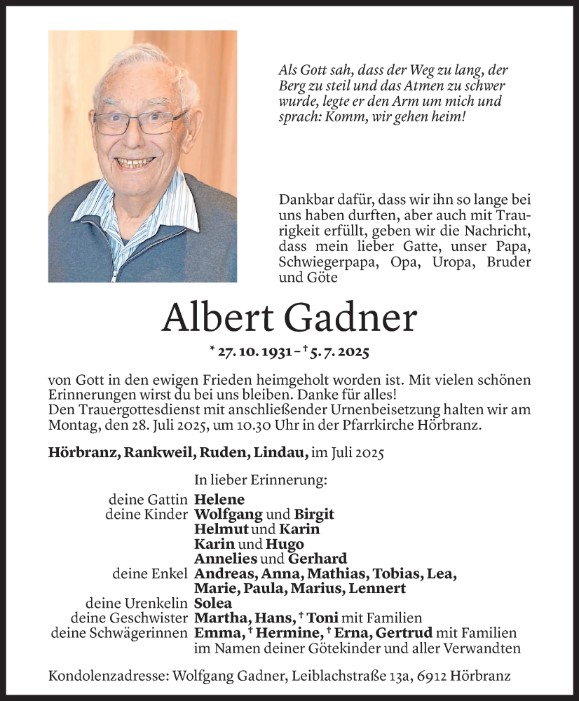  Todesanzeige für Albert Gadner vom 19.07.2025 aus Vorarlberger Nachrichten