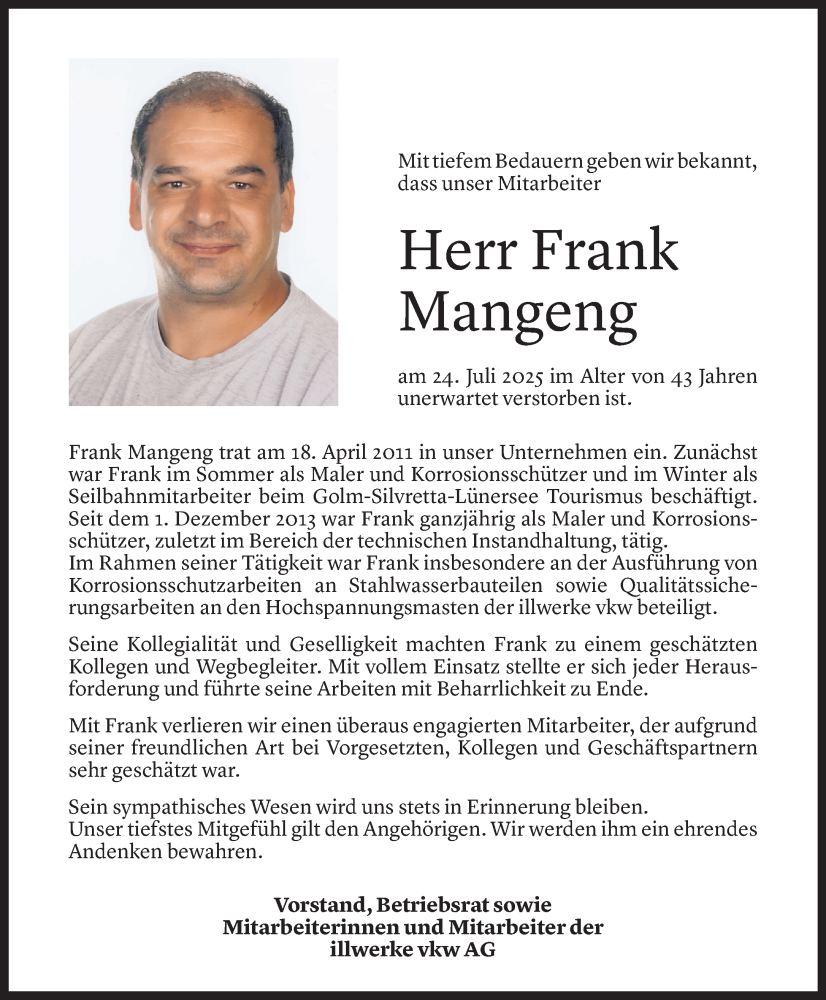  Todesanzeige für Frank Mangeng vom 28.07.2025 aus Vorarlberger Nachrichten