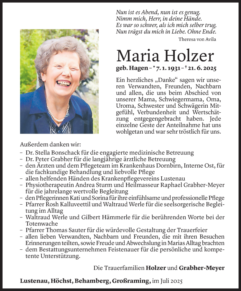  Todesanzeige für Maria Holzer vom 30.07.2025 aus Vorarlberger Nachrichten