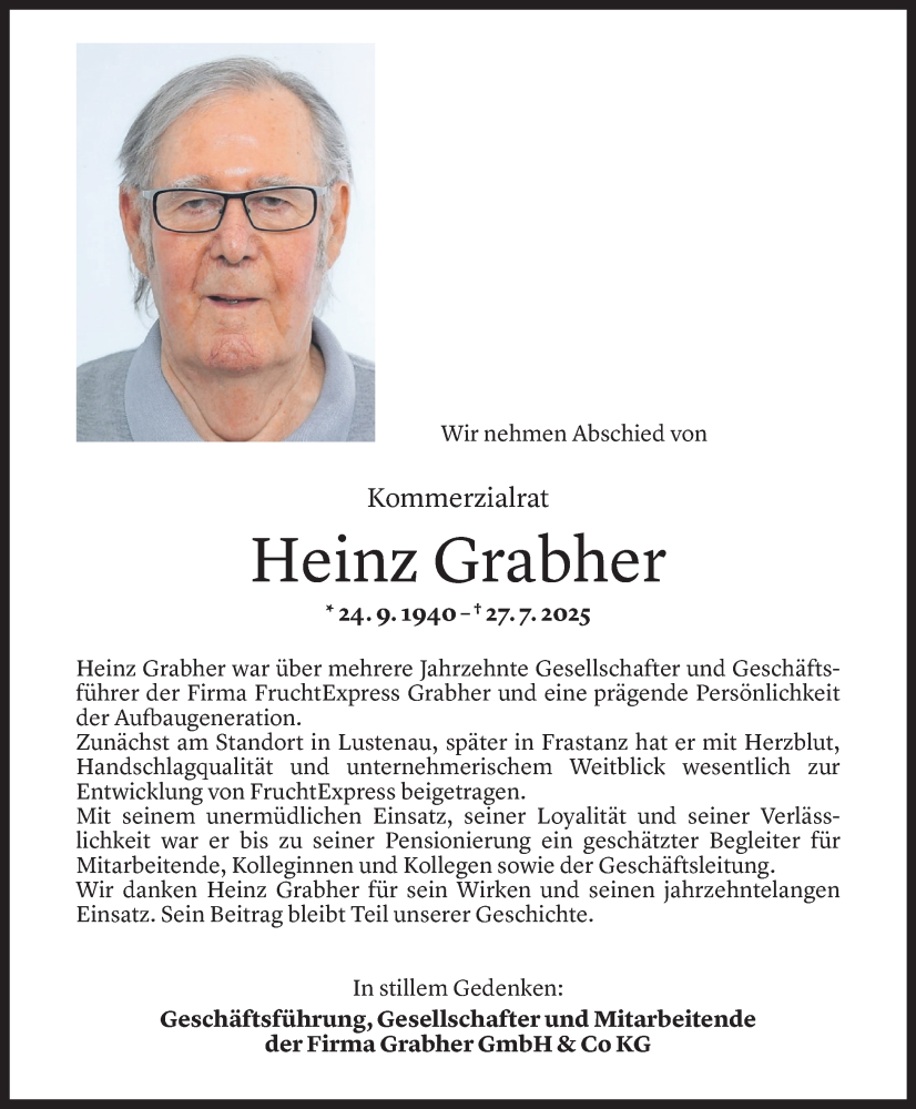  Todesanzeige für Heinz Grabher vom 29.07.2025 aus Vorarlberger Nachrichten