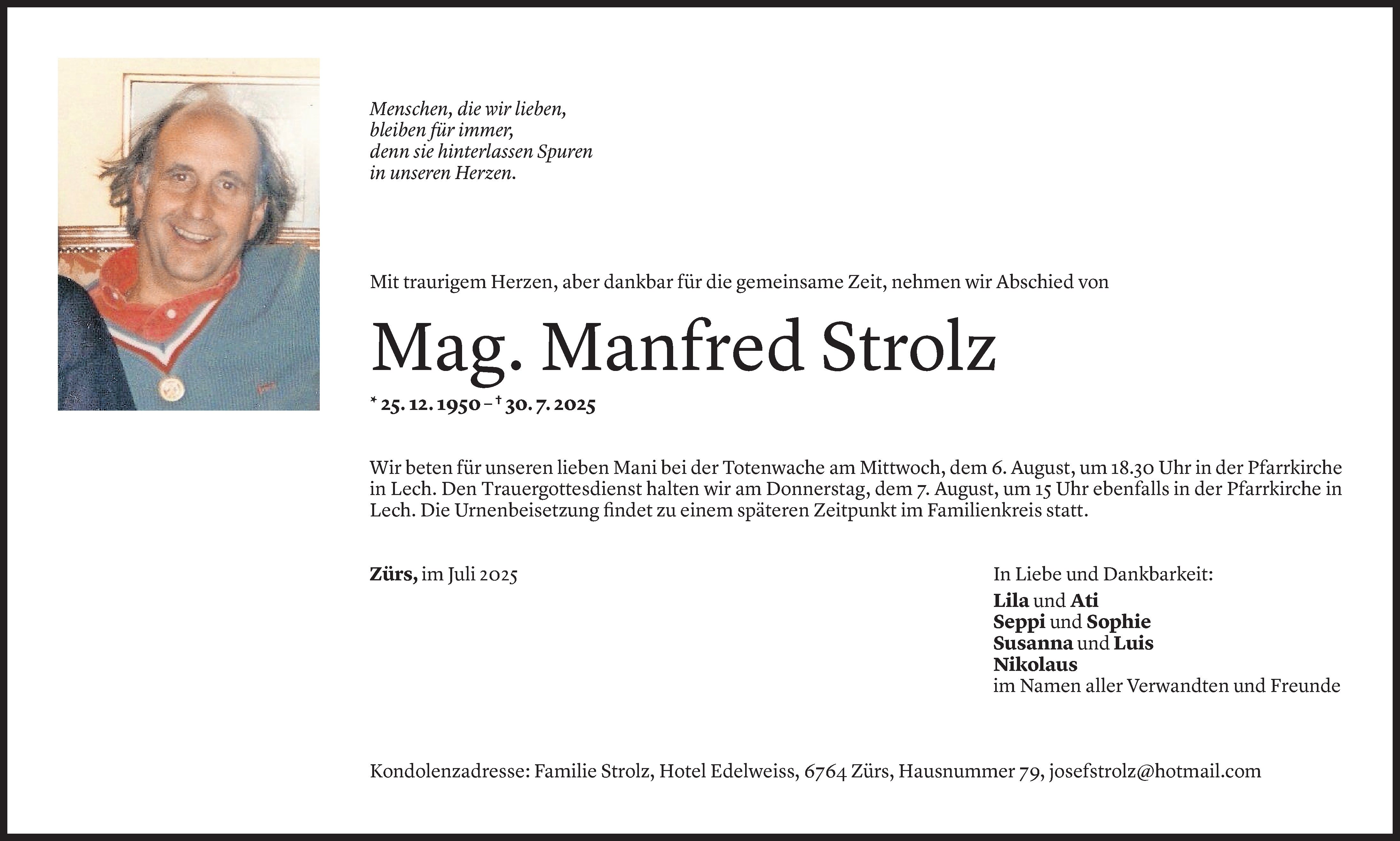  Todesanzeige für Manfred Strolz vom 02.08.2025 aus Vorarlberger Nachrichten