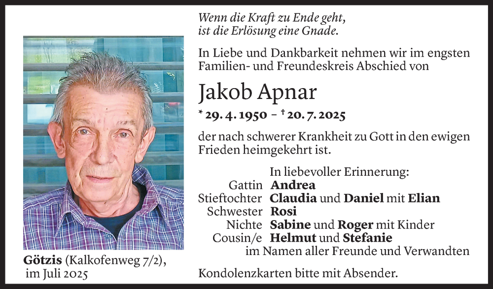  Todesanzeige für Jakob Apnar vom 25.07.2025 aus Vorarlberger Nachrichten
