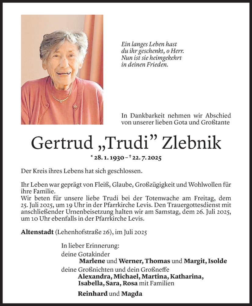  Todesanzeige für Gertrud Zlebnik vom 22.07.2025 aus Vorarlberger Nachrichten