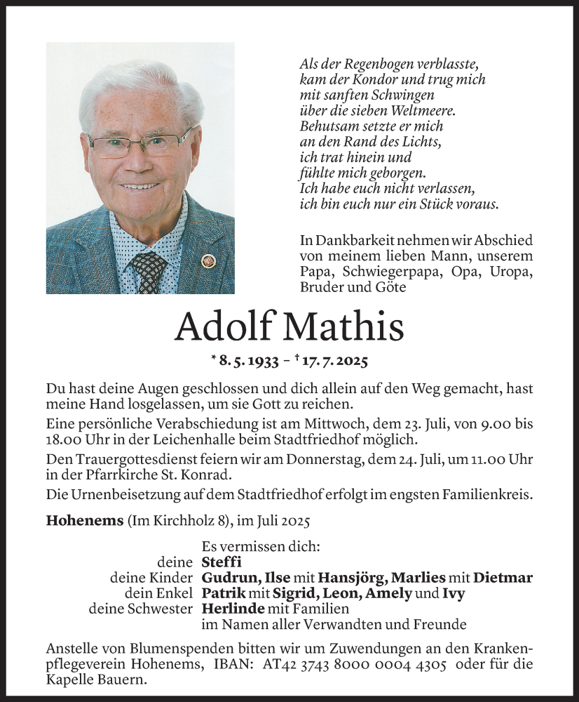  Todesanzeige für Adolf Mathis vom 20.07.2025 aus Vorarlberger Nachrichten