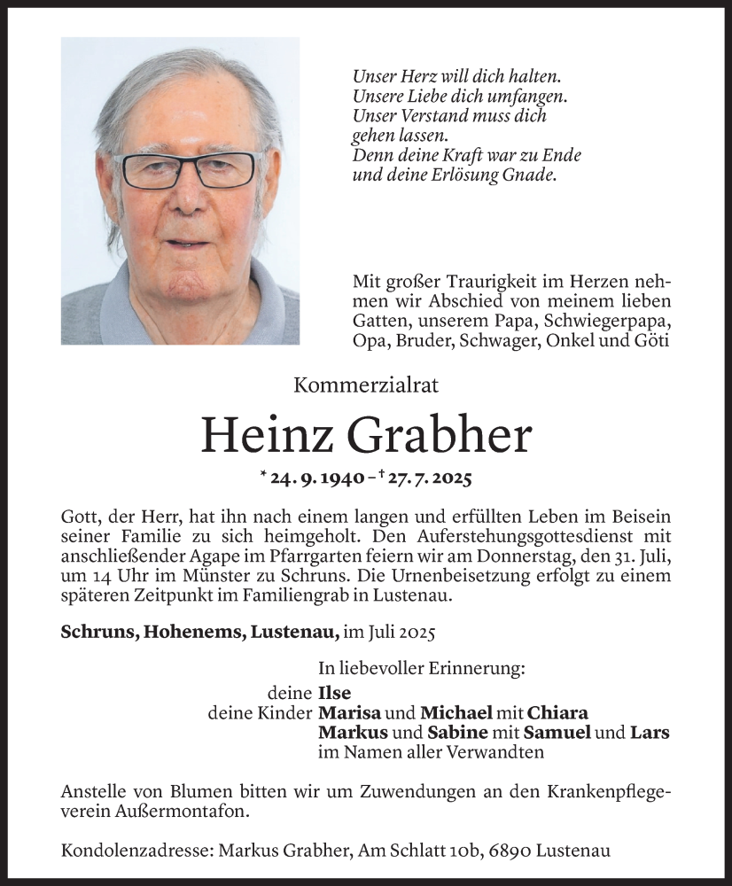  Todesanzeige für Heinz Grabher vom 29.07.2025 aus Vorarlberger Nachrichten