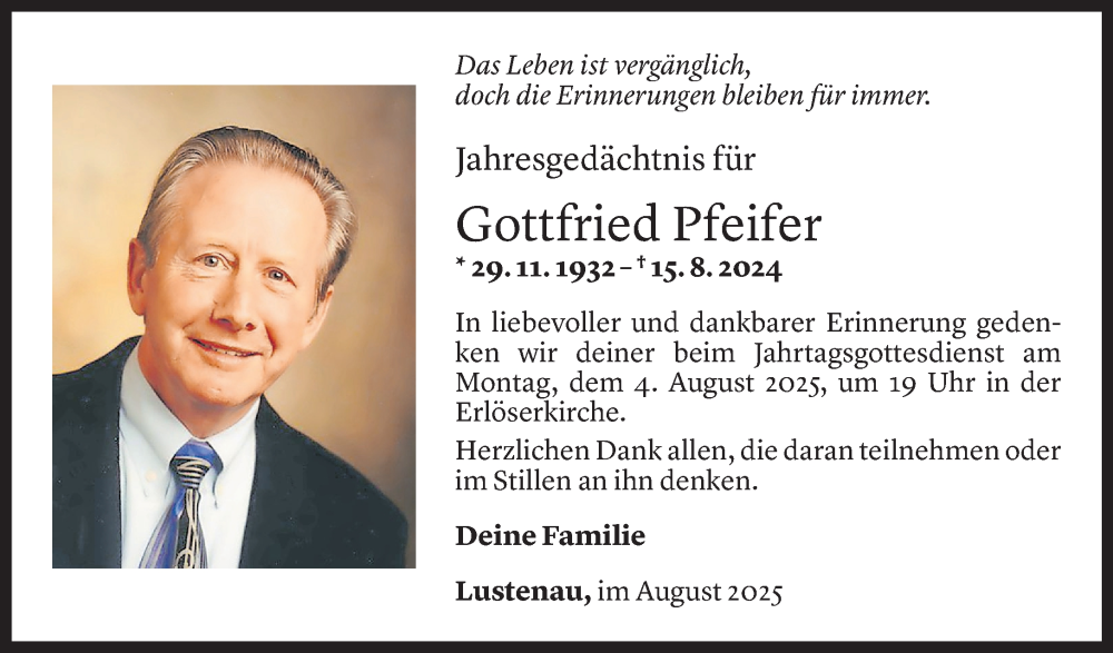  Todesanzeige für Gottfried Pfeifer vom 01.08.2025 aus Vorarlberger Nachrichten