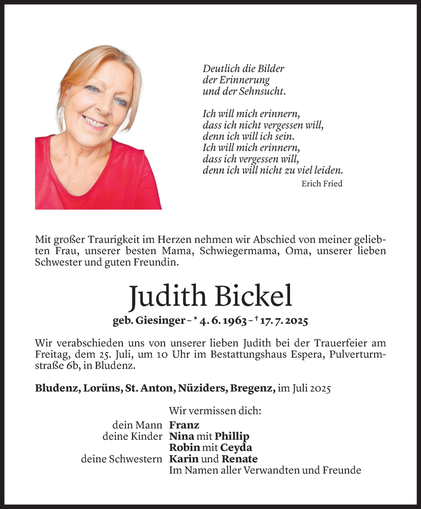  Todesanzeige für Judith Bickel vom 23.07.2025 aus Vorarlberger Nachrichten