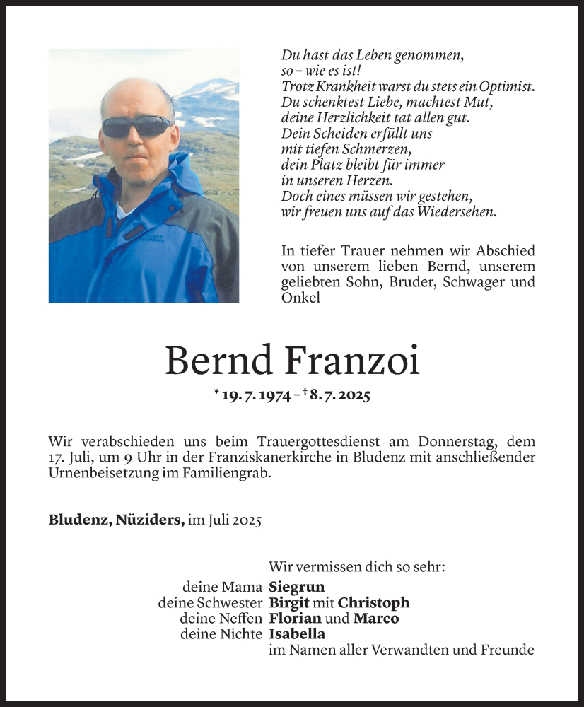  Todesanzeige für Bernd Franzoi vom 11.07.2025 aus Vorarlberger Nachrichten