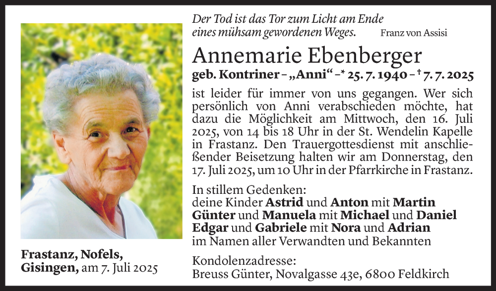 Todesanzeige für Annemarie Ebenberger vom 10.07.2025 aus Vorarlberger Nachrichten