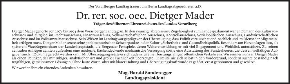  Todesanzeige für Dietger Mader vom 15.07.2025 aus Vorarlberger Nachrichten