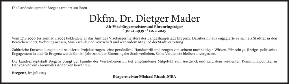  Todesanzeige für Dietger Mader vom 15.07.2025 aus Vorarlberger Nachrichten