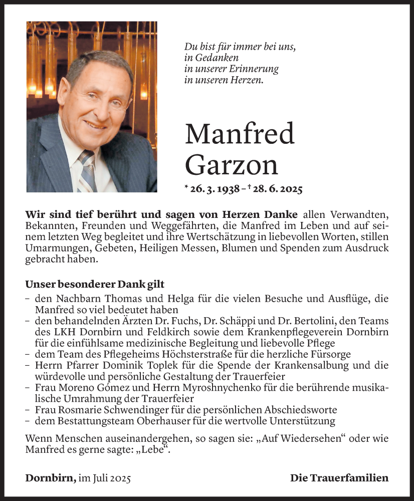  Todesanzeige für Manfred Garzon vom 30.07.2025 aus Vorarlberger Nachrichten