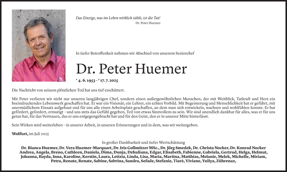  Todesanzeige für Peter Huemer vom 21.07.2025 aus Vorarlberger Nachrichten