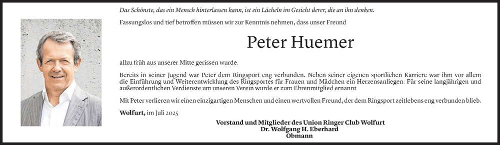  Todesanzeige für Peter Huemer vom 21.07.2025 aus Vorarlberger Nachrichten