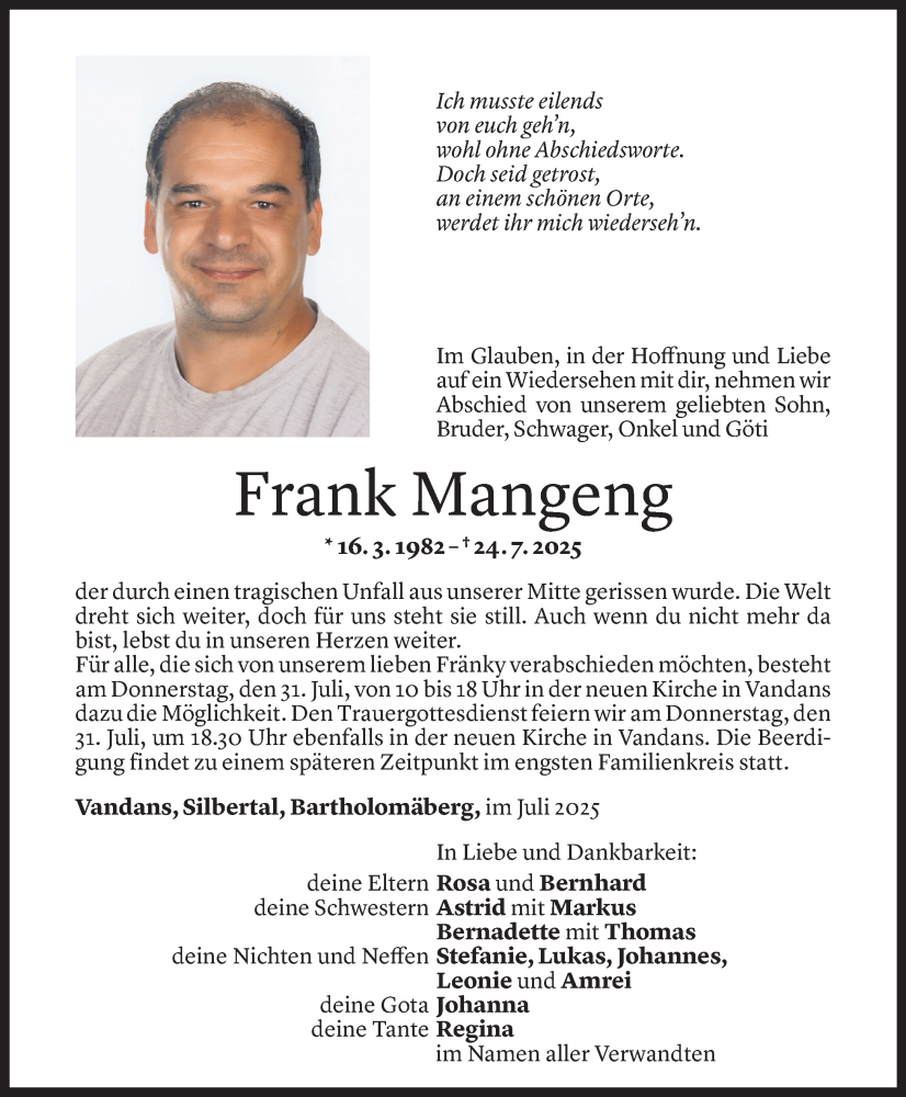  Todesanzeige für Frank Mangeng vom 27.07.2025 aus Vorarlberger Nachrichten