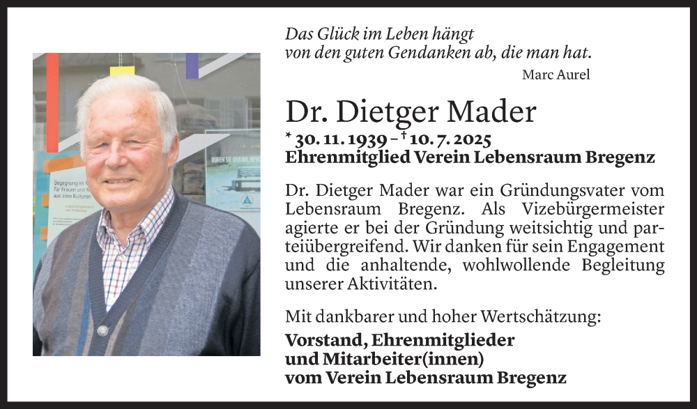  Todesanzeige für Dietger Mader vom 15.07.2025 aus Vorarlberger Nachrichten
