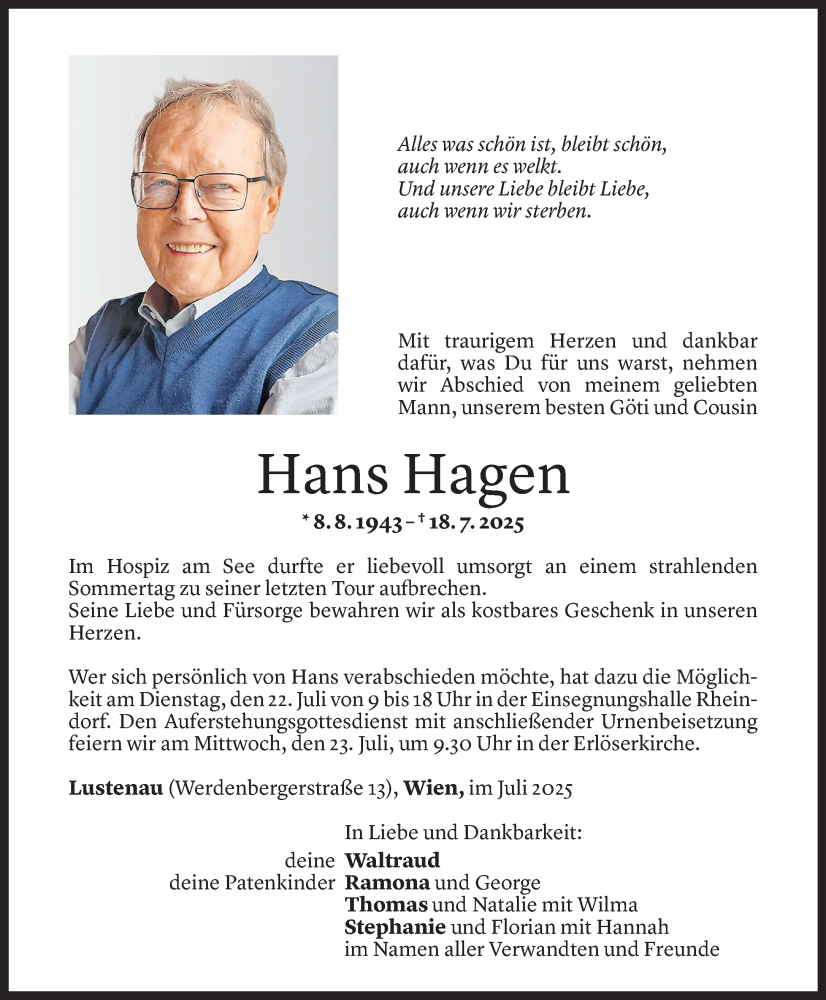  Todesanzeige für Hans Hagen vom 20.07.2025 aus Vorarlberger Nachrichten