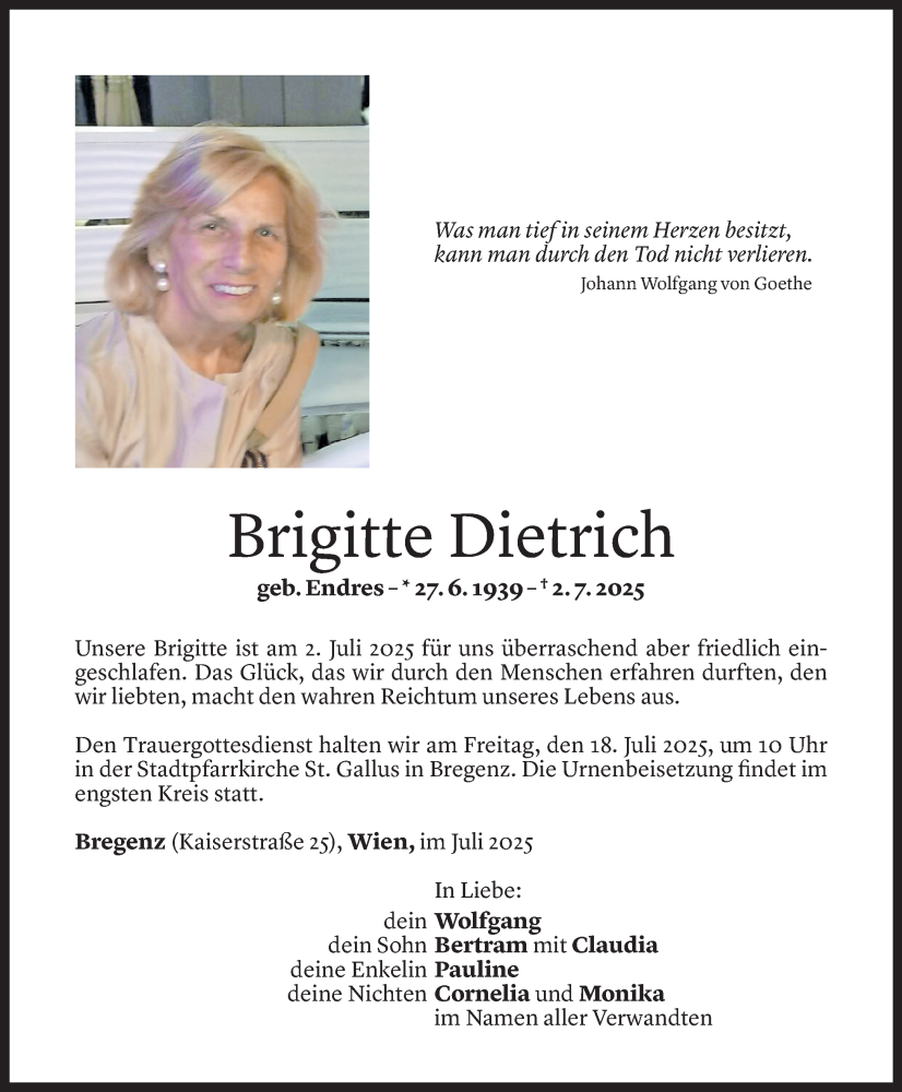  Todesanzeige für Brigitte Dietrich vom 10.07.2025 aus Vorarlberger Nachrichten
