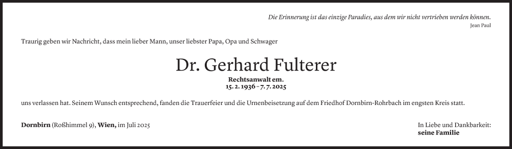  Todesanzeige für Gerhard Fulterer vom 12.07.2025 aus Vorarlberger Nachrichten