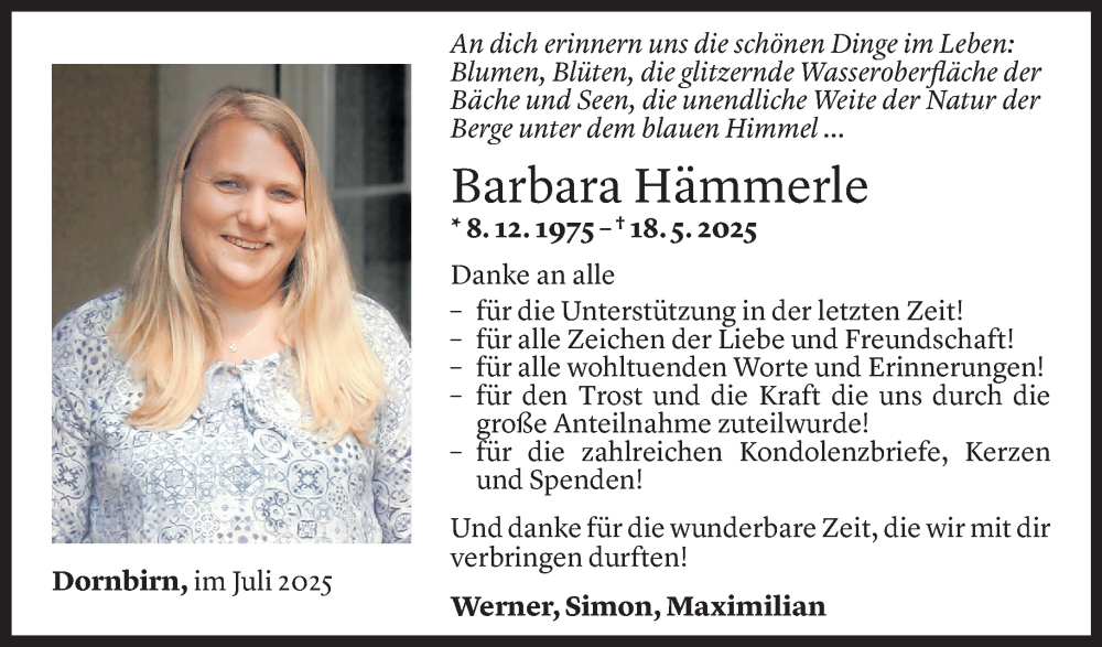  Todesanzeige für Barbara Hämmerle vom 10.07.2025 aus Vorarlberger Nachrichten