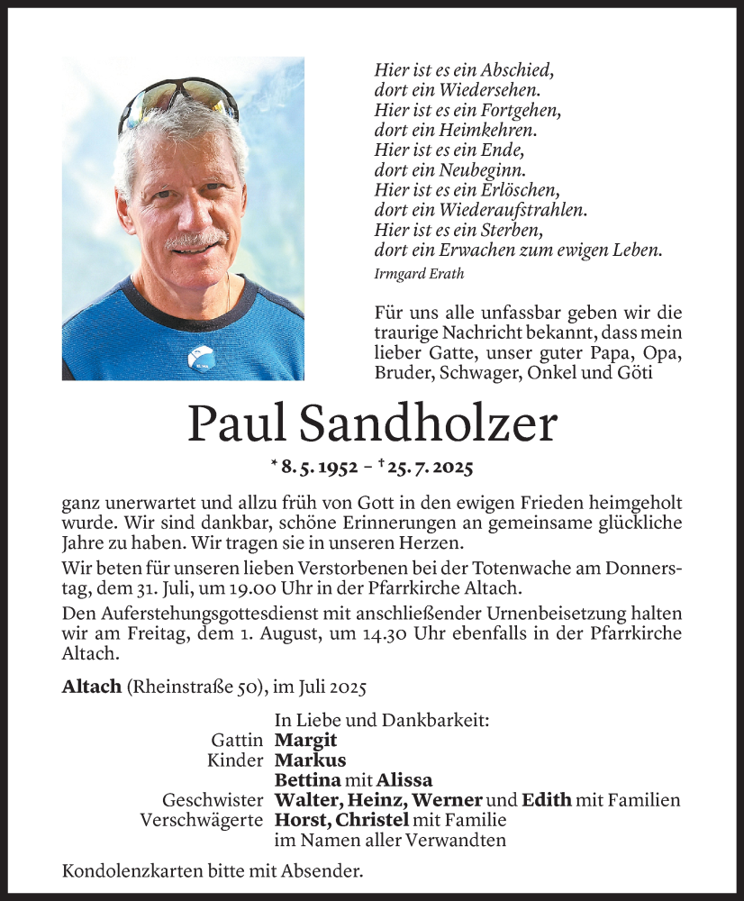  Todesanzeige für Paul Sandholzer vom 28.07.2025 aus VN