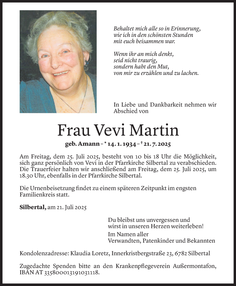  Todesanzeige für Genofeva Martin vom 23.07.2025 aus Vorarlberger Nachrichten