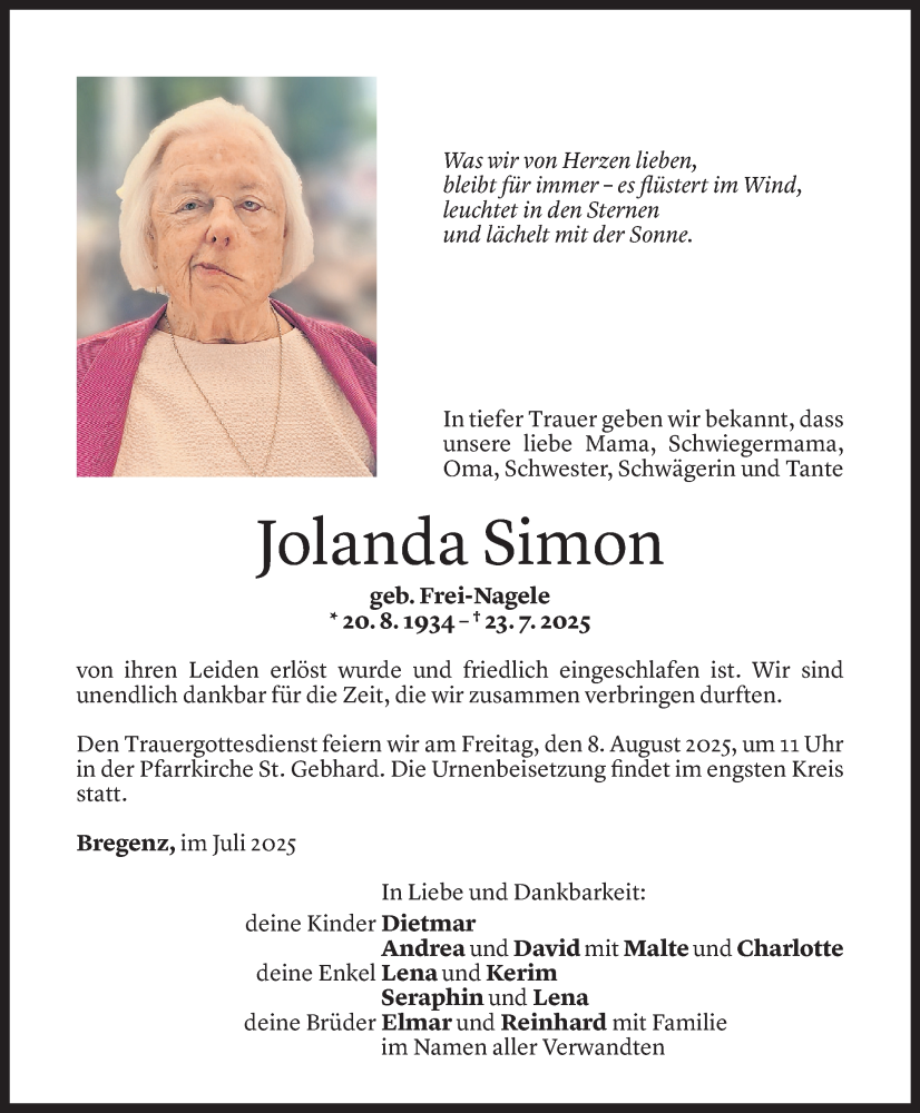  Todesanzeige für Jolanda Simon vom 29.07.2025 aus Vorarlberger Nachrichten