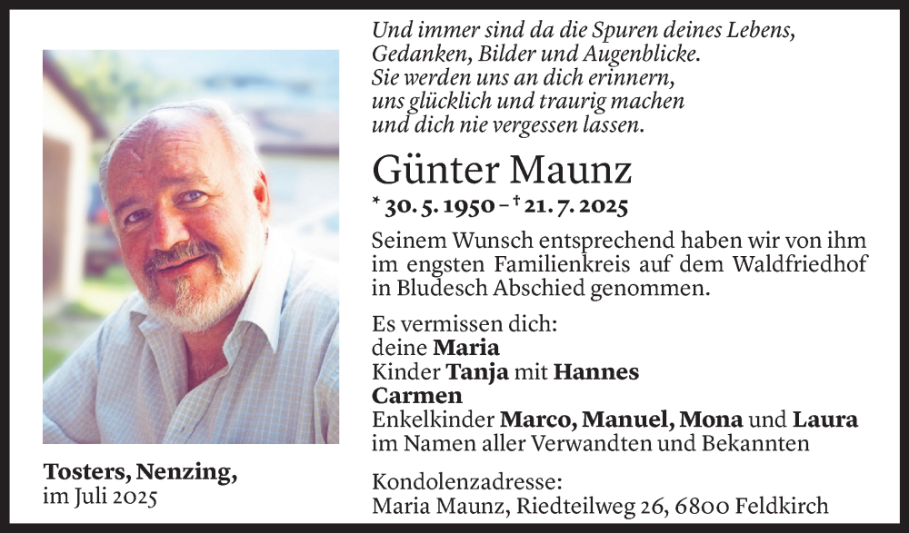  Todesanzeige für Günter Maunz vom 02.08.2025 aus Vorarlberger Nachrichten