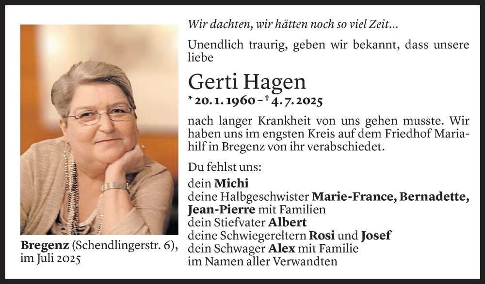  Todesanzeige für Gerti Hagen vom 23.07.2025 aus Vorarlberger Nachrichten