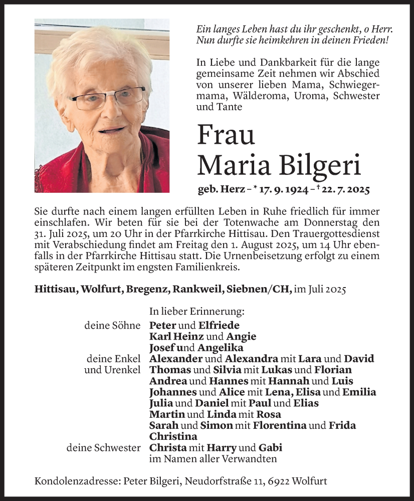  Todesanzeige für Maria Bilgeri vom 29.07.2025 aus Vorarlberger Nachrichten