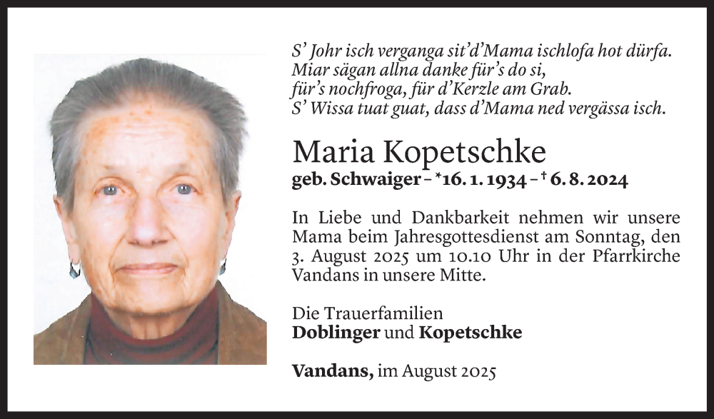  Todesanzeige für Maria Kopetschke vom 01.08.2025 aus Vorarlberger Nachrichten