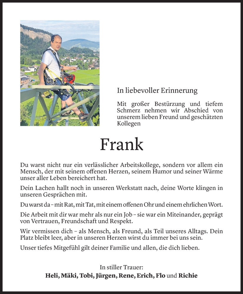  Todesanzeige für Frank Mangeng vom 28.07.2025 aus Vorarlberger Nachrichten