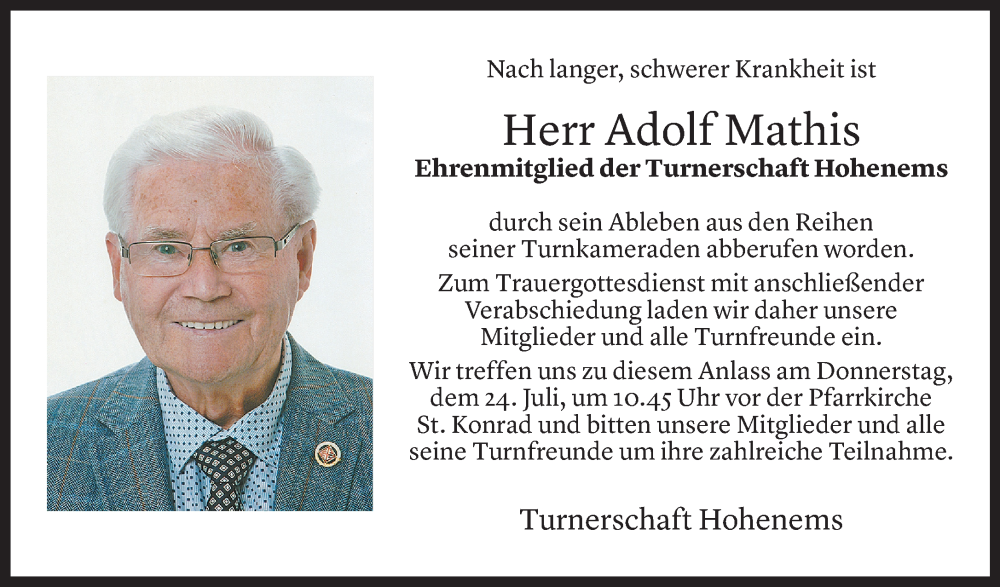  Todesanzeige für Adolf Mathis vom 21.07.2025 aus Vorarlberger Nachrichten