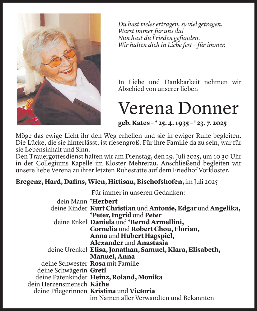  Todesanzeige für Verena Donner vom 25.07.2025 aus Vorarlberger Nachrichten