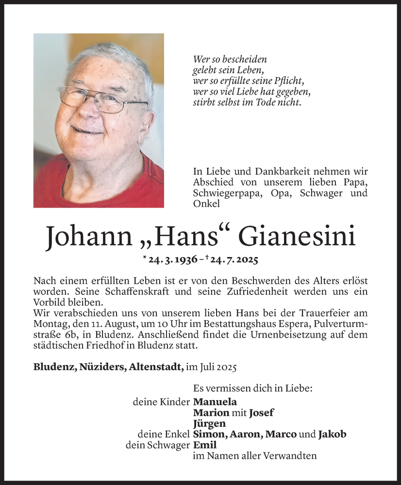  Todesanzeige für Johann Gianesini vom 05.08.2025 aus Vorarlberger Nachrichten