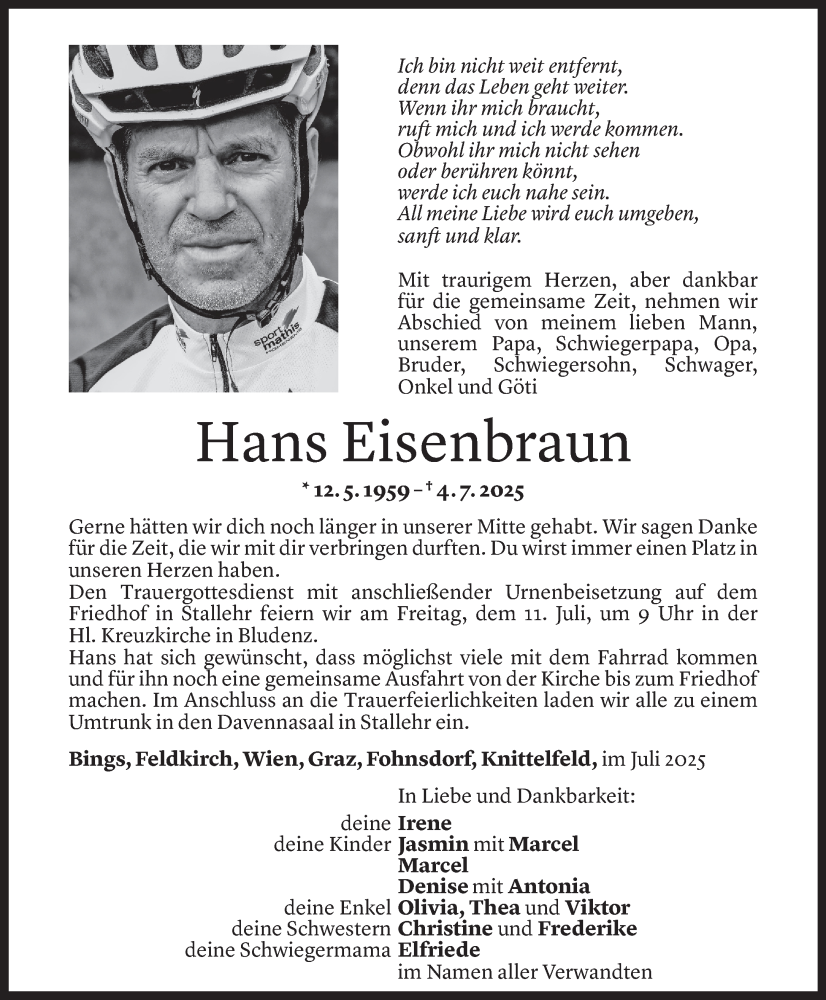  Todesanzeige für Hans Eisenbraun vom 07.07.2025 aus Vorarlberger Nachrichten