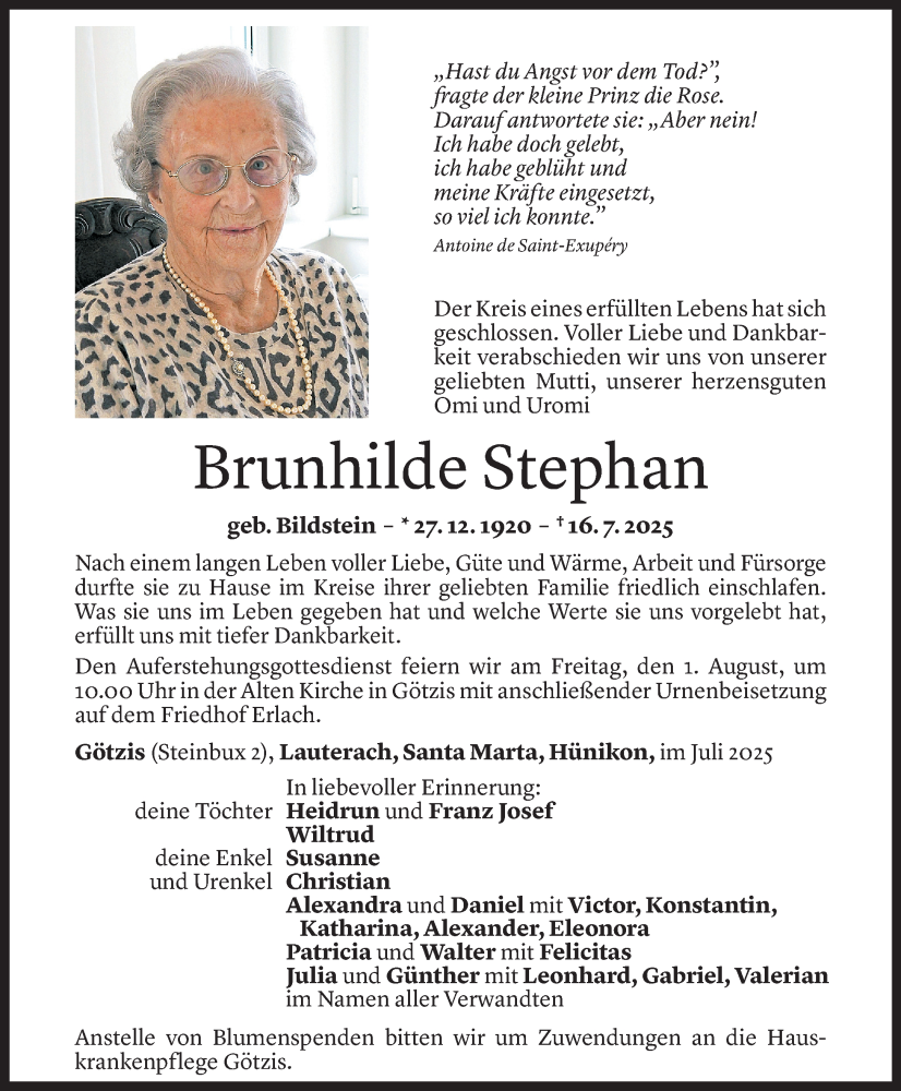  Todesanzeige für Brunhilde Stephan vom 23.07.2025 aus Vorarlberger Nachrichten